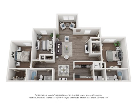 Floor plan for 3 beds, 2 baths, 1300 sqft